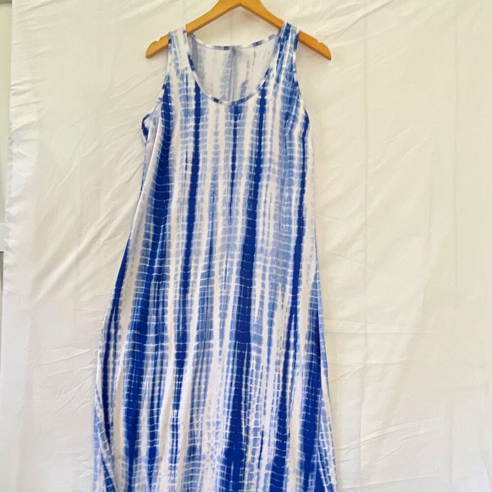 West Loop Women’s Blue/White Tie-Dye Maxi Dress Scoop Neck Sleeveless M